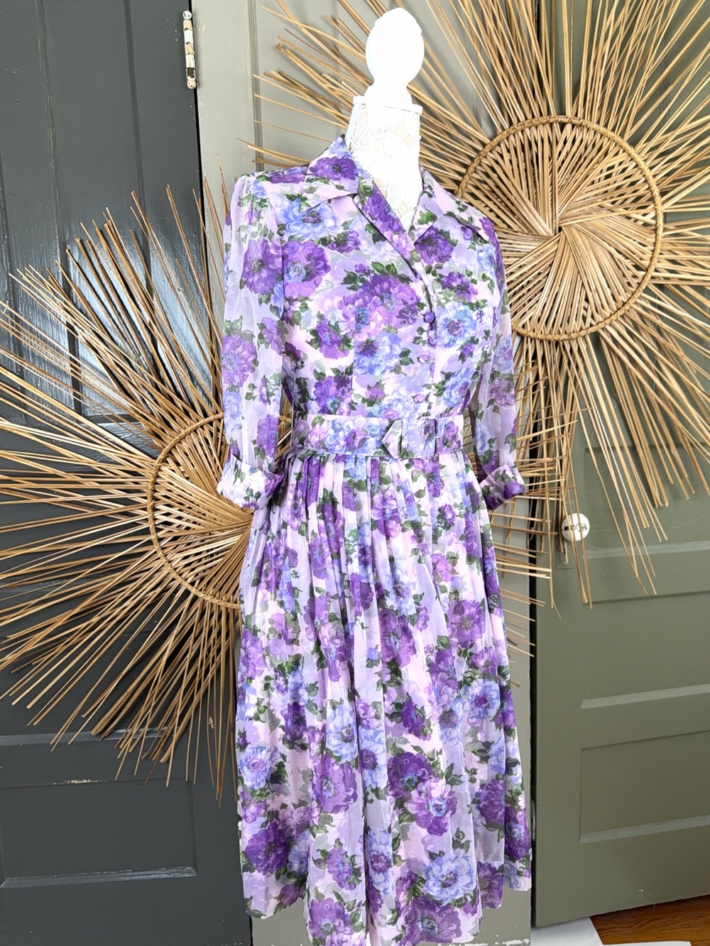 True Vintage 50s-60s Lavender Purple Floral Rose Organza Fit And Flare Dress S